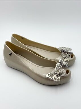 MELISSA‎ Champagne Glitter Butterfly Peep-Toe Flats Size 5 Girl